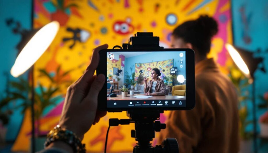 A photograph of a vibrant and engaging scene of a content creator filming a youtube short