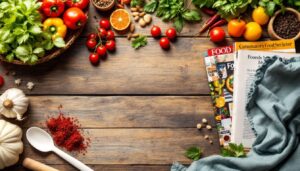 A photograph of a beautifully arranged flat lay featuring an assortment of fresh ingredients