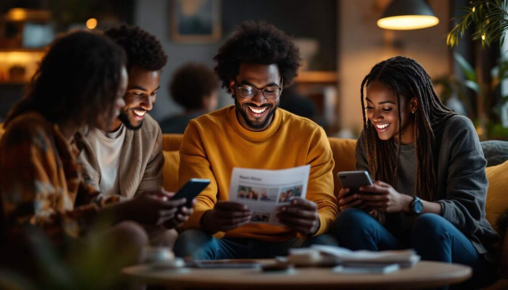 A photograph of a diverse group of people engaging with their devices while reading a visually appealing newsletter